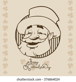 happy leprechaun, Irish man head, beard, St. Patrick's Day design, cartoon character portrait, vector illustration