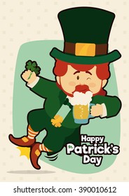 Happy leprechaun jumping with a four-leaf clovers and a cold beer tankard ready to party in St. Patrick's Day festival.