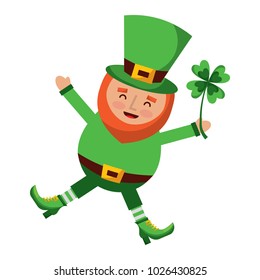 happy leprechaun jumping holding clover in hand