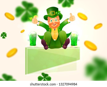 Happy leprechaun man with beer glass on blurry clover leaves background for St Patrick's Day poster or banner design.