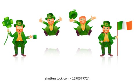 Happy leprechaun man character in different pose for Irish festival st. patricks day.