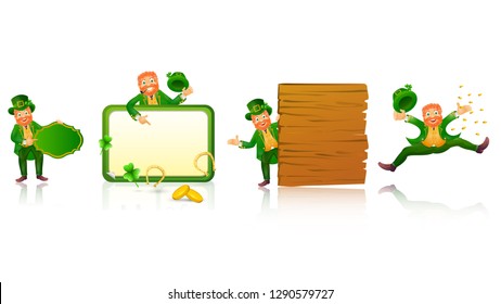 Happy leprechaun man character in different poses for Irish festival st. patricks day.
