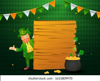 Happy Leprechaun Man Character with Empty Wooden Board and Golden Coins Pot on Green Abstract Pattern Background.