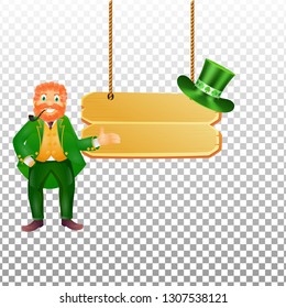 Happy leprechaun man character with hanging wooden board on transparent background for St. Patrick's Day celebration. Banner or poster design.