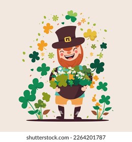 Happy Leprechaun Man Character Holding Clover Plant Vase With Leaves For St patricks day Concept.