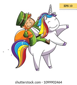 Happy Leprechaun on unicorn. Bright and clean cartoon illustration on Datrik's day. Vector, EPS 10