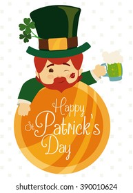 Happy leprechaun partying with a green beer on giant gold coin for St. Patrick's Day fest.