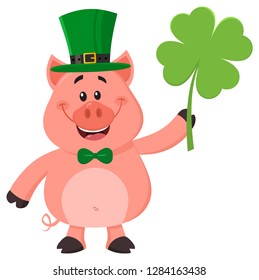 Happy Leprechaun Pig Cartoon Character Holding Leaf Clover. Vector Illustration Flat Design Isolated On White Background