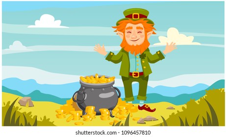 Happy leprechaun and a pot of gold coins. horizontal background. vector