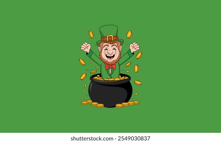 Happy leprechaun in pot of gold with falling coins.