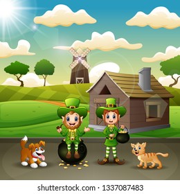 Happy leprechaun with a pot of gold on the farm landscape