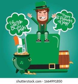 happy leprechaun sitting in a bis green hat celebrating saint patric's day. cartoon character flat design