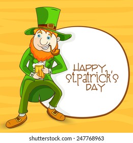 Happy leprechaun with smoking pipe and beer on yellow background for Happy St. Patrick's Day celebration.