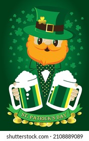 Happy Leprechaun with two green beer glasses. St Patrick's day vector invitation.