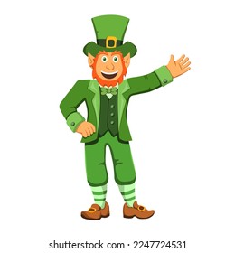 Un leprechaun feliz mueve su mano y saluda. Un irlandés de barba roja sonriente con traje verde. Ilustración vectorial en dibujos animados, estilo plano, buena suerte y símbolo del día de san patrick