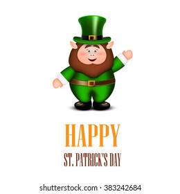 Happy leprechaun waving hand. Saint Patricks Day Card.