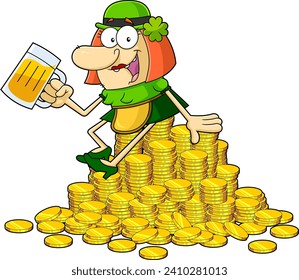 Personaje de caricatura de una mujer de Leprechaun feliz con una jarra de cerveza sentada en una tela de monedas de oro. Ilustración dibujada a mano vectorial aislada en fondo transparente