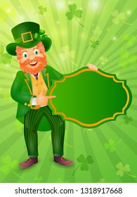 Happy leprechaun's holding a blank board for the message. St. Patrick's Day concept.