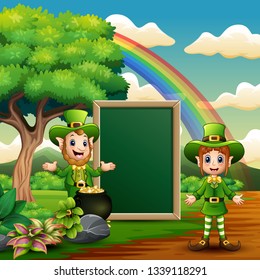 Happy leprechauns holding a blank board on the beautiful landscape