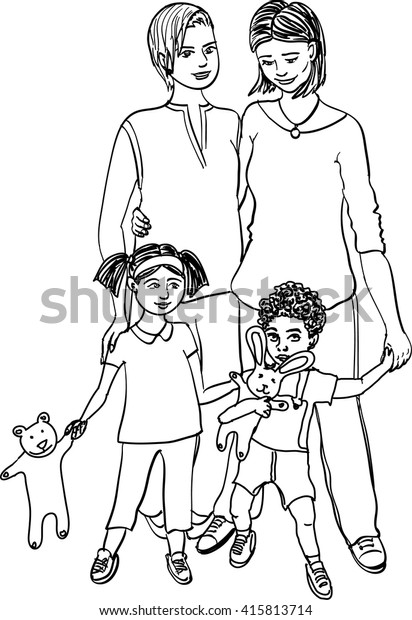 Happy Lesbian Adoption Family Two Women Miscellaneous People