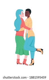 Happy lesbian couple flat color vector detailed characters. Smiling hugging women. Girlfriend express love. Valentine day isolated cartoon illustration for web graphic design and animation