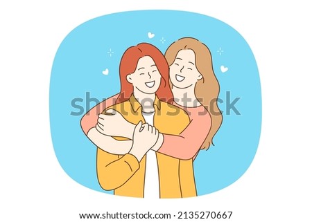 Happy lesbian couple hug cuddle show feelings. Smiling homosexual girls embrace demonstrate love and affection. Gay and LGBT society concept. Flat vector illustration, cartoon character. 