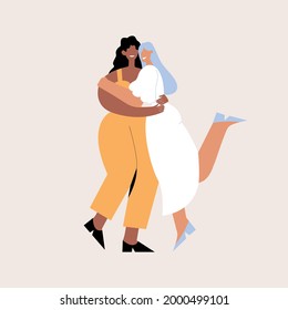 Happy lesbian couple. LGBTQ wedding. Two lesbians hug in wedding dresses. Vector template for greeting card, invitation card, poster, flyer. 