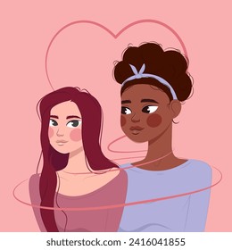 Happy lesbian couple in love. Cartoon girls with heart joining them together. Happy Valentines Day illustration.