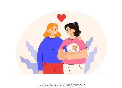 Happy lesbian couple standing together with their new born baby. Homosexual family with a child. LGBTQ family concept. Modern flat vector illustration