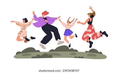 Happy lesbian family with children. Homosexual female parents and girls kids jumping. Mothers, moms rejoicing together, celebrating outdoors. Flat vector illustration isolated on white background