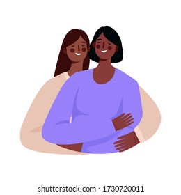 Happy lesbian family, gay couple. Two woman hugging each other. Couple in love. Wife and wife together. Flat cartoon vector illustration