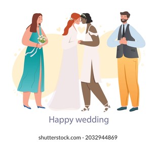 Happy lesbian wedding. Two newlywed women pronounce oath of love and loyalty. LGBT community. People with non traditional orientation. Cartoon flat vector illustration isolated on white background