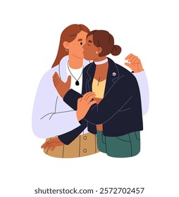 Happy lesbians hug and kiss. Interracial LGBT couple loves each other, shows romantic feelings. Homosexual lovers, beloveds cuddle, embrace. Flat isolated vector illustration on white background