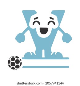 Happy letter v character football player personalized monogram, vector logo, emblems or initial design.