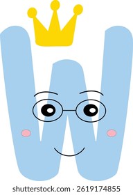 Happy letter W cartoon character in light blue, wearing glasses and a yellow crown, giving a smart and royal vibe. Great for educational posters, kids books, and alphabet games.