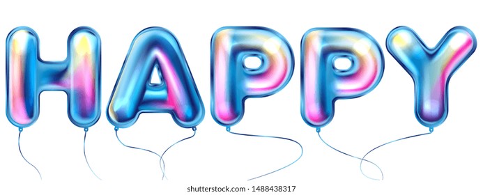 Happy lettering by blue balloons with pink and yellow lights