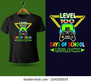 happy level 100 days of school unlock modern trendy typography t shirt design  with 100th Day comic lettering quotes and poster, banner text.