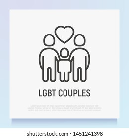 Happy LGBT couple with child thin line icon. Adoption for homosexual family. Modern vector illustration.