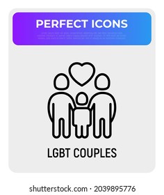 Happy LGBT couple with child thin line icon. Adoption for homosexual family. Modern vector illustration.