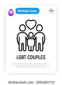 Happy LGBT couple with child thin line icon. Adoption for homosexual family. Modern vector illustration.