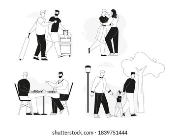 Happy LGBT couples or family set isolated scenes. Men and women travel, dance, live together, have romantic dinner. Vector character linear illustration of love diversity, relationship, daily routine