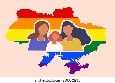 Happy Lgbt Family With A Baby. Lesbian Couple. Concept Of , Family, Motherhood. Flat Vector Illustration. On The Background Of The Lgbt Flag