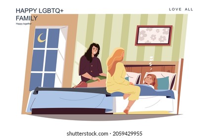 Happy LGBT family concept. Female mothers put little daughter to bed at home. Diverse homosexual couple, lesbian relationship, parenthood and motherhood. Vector illustration of people in flat design