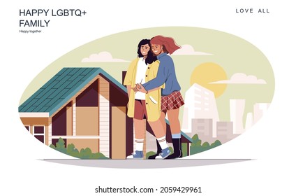 Happy LGBT family concept. Loving women walking street, hugging and communicate, spend time together. Diverse couple, lesbian relationship daily life. Vector illustration of people in flat design