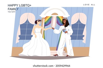 Happy LGBT family concept. Loving women get married in white wedding dress and suit, ceremony scene. Diverse multiracial couple, lesbian relationship. Vector illustration of people in flat design
