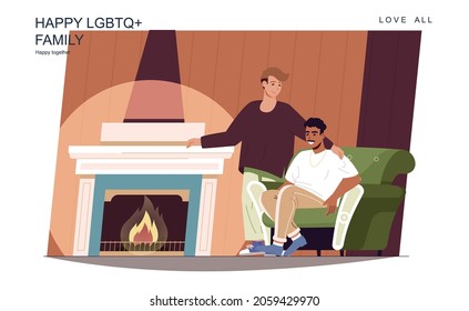 Happy LGBT family concept. Loving men sitting by fireplace at living room, relax at home. Multiracial homosexual couple, gay relationship daily life. Vector illustration of people in flat design