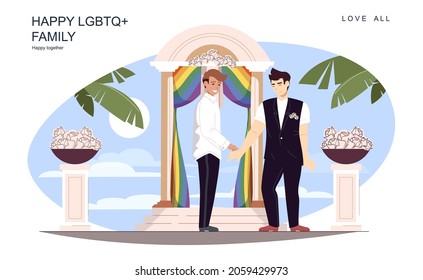 Happy LGBT family concept. Loving men get married in wedding suits at festive ceremony on island scene. Diverse multiracial couple, gay relationship. Vector illustration of people in flat design