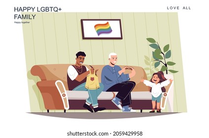 Happy LGBT family concept. Male fathers take care of little daughter at home. Multiracial homosexual couple, gay relationship, childhood and parenthood. Vector illustration of people in flat design
