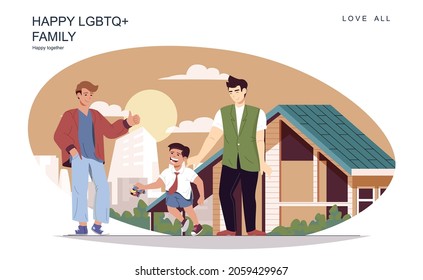 Happy LGBT family concept. Male fathers with son walking at street and pastime together at home. Homosexual couple, gay relationship and parenthood. Vector illustration of people in flat design
