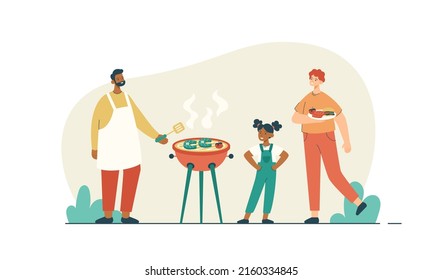 Happy LGBT Family Cooking Barbeque Having Fun. Picnic Party With Fish And Hot Smoke Sausages. BBQ Grill And Summer Leisure Concept. Modern Flat Vector Illustration